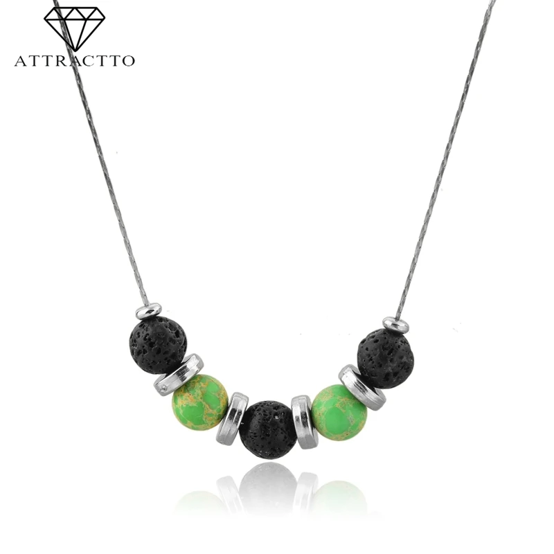 

ATTRACTTO Green Long Statement Necklace Pendants Charm For Women Stainless Steel Necklaces Silver Geometric Necklace SNE190021