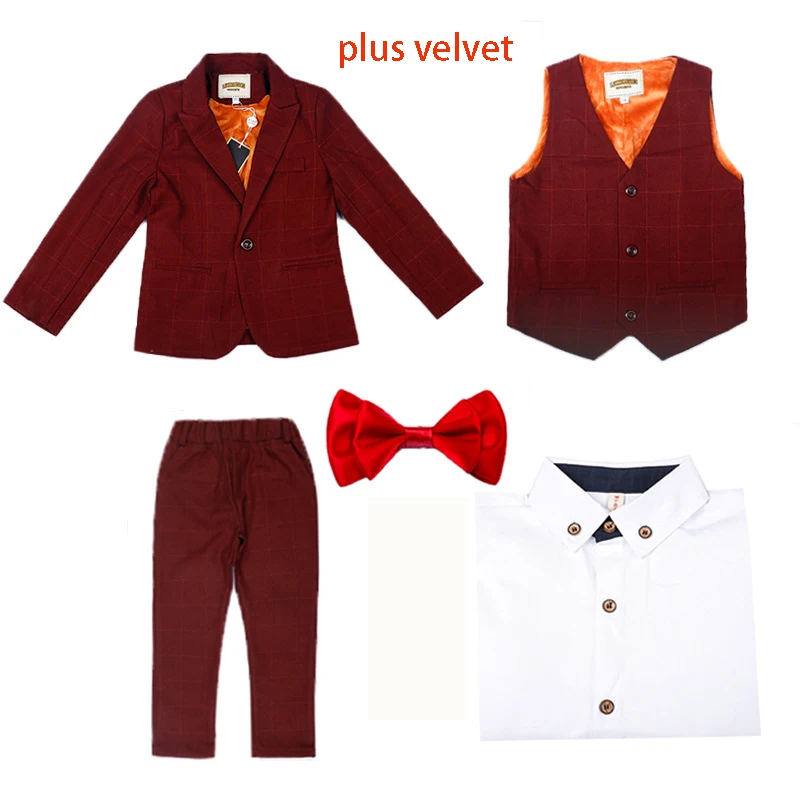 red 4pcs thickening Осень-зима, детский деловой костюм, комплекты клетчатый смокинг с цветочным принтом для мальчиков, жилет, рубашки, штаны, комплекты одежды детский костюм для свадебной вечеринки - Цвет: red 4pcs thickening