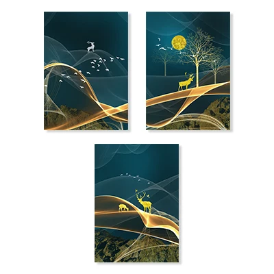 3 шт. абстрактный Золотой олень Луна Пейзаж Hd Печать холст Картина Настенная