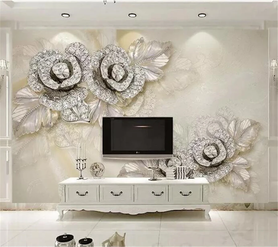 

beibehang Custom wallpaper 3d mural silver diamond rose satin 3d stereo jewelry TV background wall living room bedroom wallpaper