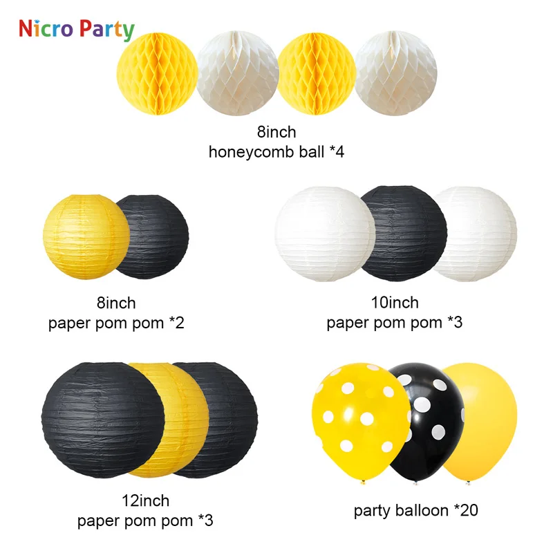 Nicro 34 шт./компл. пчела желтый черный бумажный шарик фонари платье, платье для дня рождения, Декор для дома с украшениями для вечерние Сделай Сам# Set117