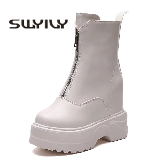 SWYIVY/женские зимние ботинки; модель года; зимние теплые женские бархатные Ботинки martin на меху; зимние ботинки на танкетке; цвет белый