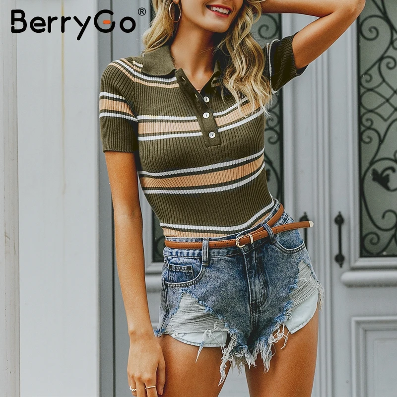 BerryGo Vintage multicolor striped pullover sweater Slim retro knitted sweaters female Streetwear ladies korean jumper | Женская одежда