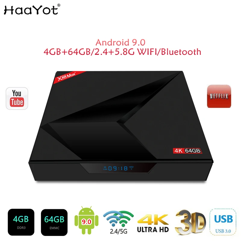 ТВ приставка HAAYOT X88 MAX + 4 Гб 64 ГБ Android 9 0 RK3328 четырехъядерный USB3.0 Smart 4K телеприставка
