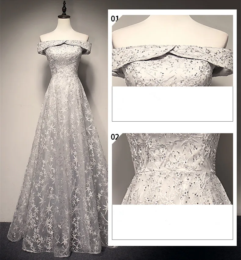 JaneVini Off Shoulder Gray Long Prom Dresses 2019 Beaded Lace Elegant Tulle Women Formal Dress Party Wear Gowns Galajurken Lang | Свадьбы и