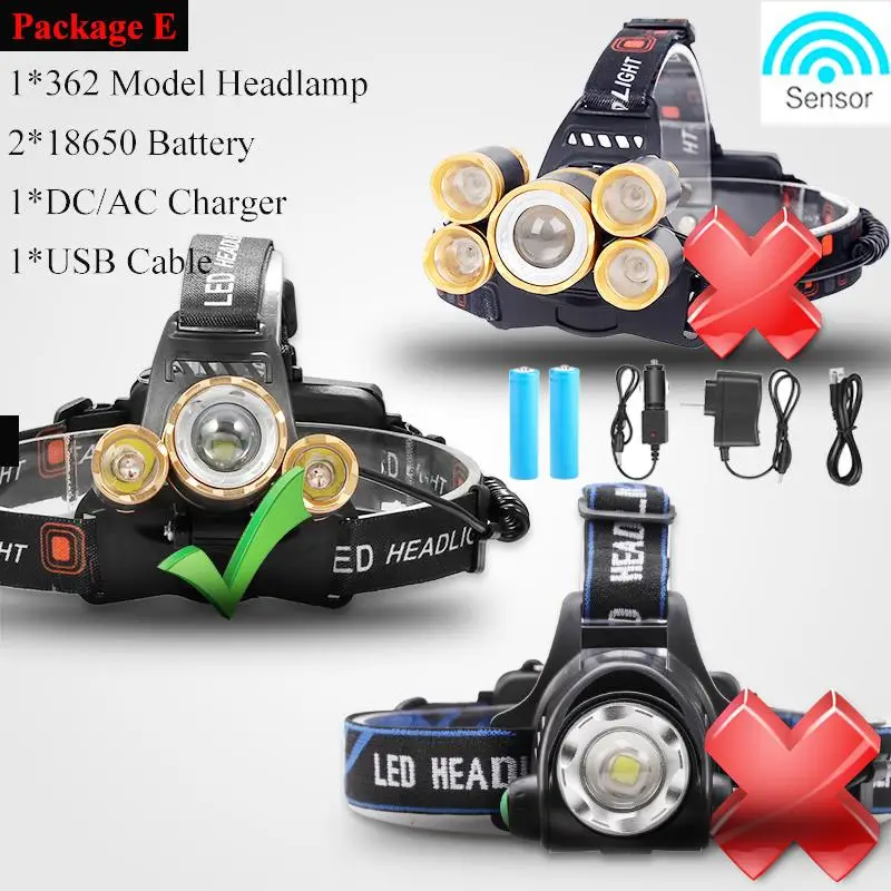 Package E Новейший сенсорный светодиодный налобный фонарь 5* T6, высокомощный фонарь, налобный фонарь, Водонепроницаемый светодиодный налобный светильник, светильник-вспышка, налобный светильник, Перезаряжаемый 18650 - Испускаемый цвет: Package E