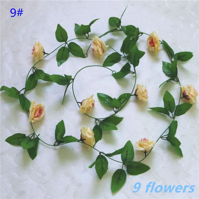 9Champagne 9flower 1pcs/lot 230-250cm Artificial Flowers Silk Roses Ivy Vine diy with Green Leaves Fake leaf artificial flowers for home decoration - Цвет: 9Champagne 9flower