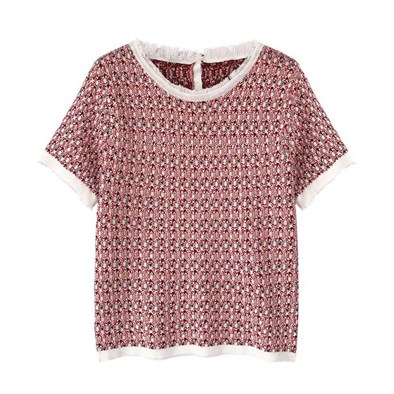 

Женский трикотажный топ PERHAPS U, летний элегантный красный топ с геометрическим рисунком и коротким рукавом, с круглым вырезом, B0326