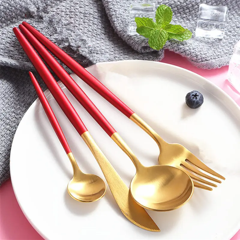 

KuBac 24pcs Double Color Golden Silver Dinnerware Set Stainless Steel Dinner Knife Fork Red Teaspoon Cutlery Set Drop Shipping