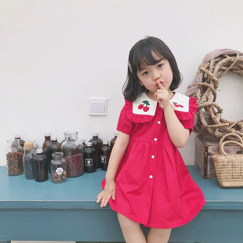 Summer Cherry Embroidery Baby Girls Princess Dress Cotton Sailor Collar Toddler Kids Red Dreses Clothes | Детская одежда и обувь