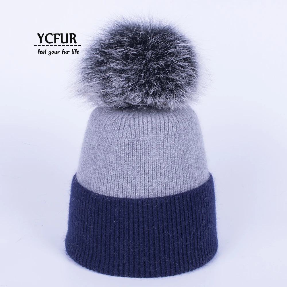 YC Fur, зимняя шапка, шапка для женщин, натуральный мех, помпон, шапки s, шапки бини, женские, двойные цвета, вязаные шапки из овечьей шерсти, шапки бини, Skullies, для девочек