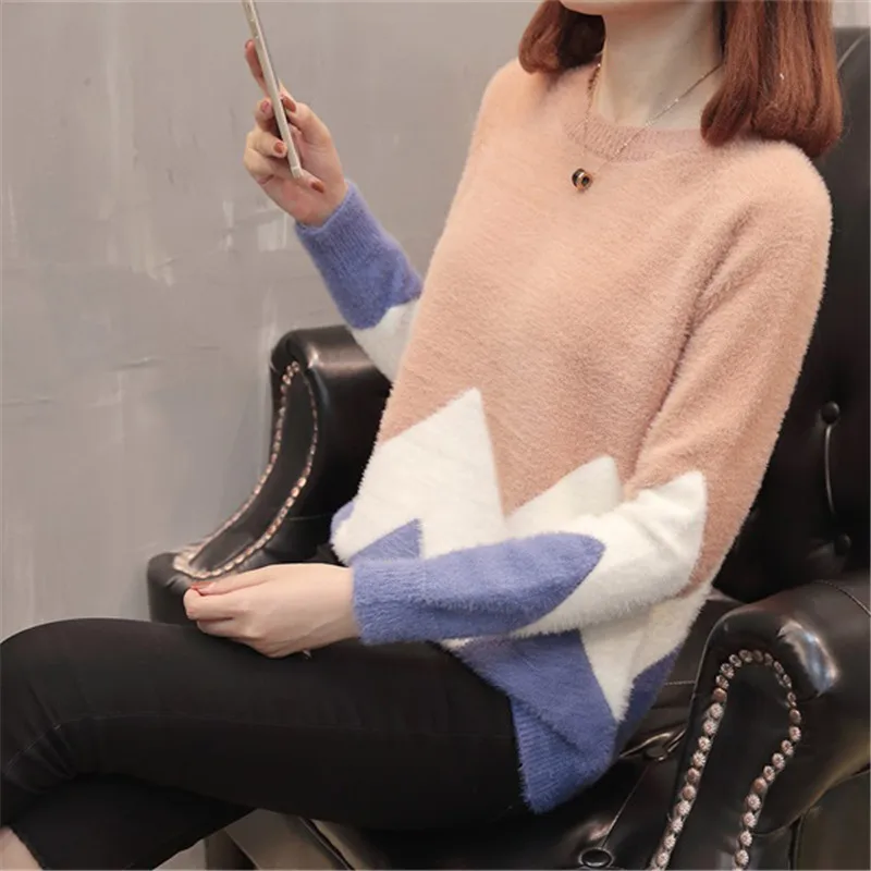 Spring Autumn Women Sweater 2019 New Color Matching Round Neck Pullover Fashion Short Knitted Loose Ladies Knitwear Lj82 | Женская