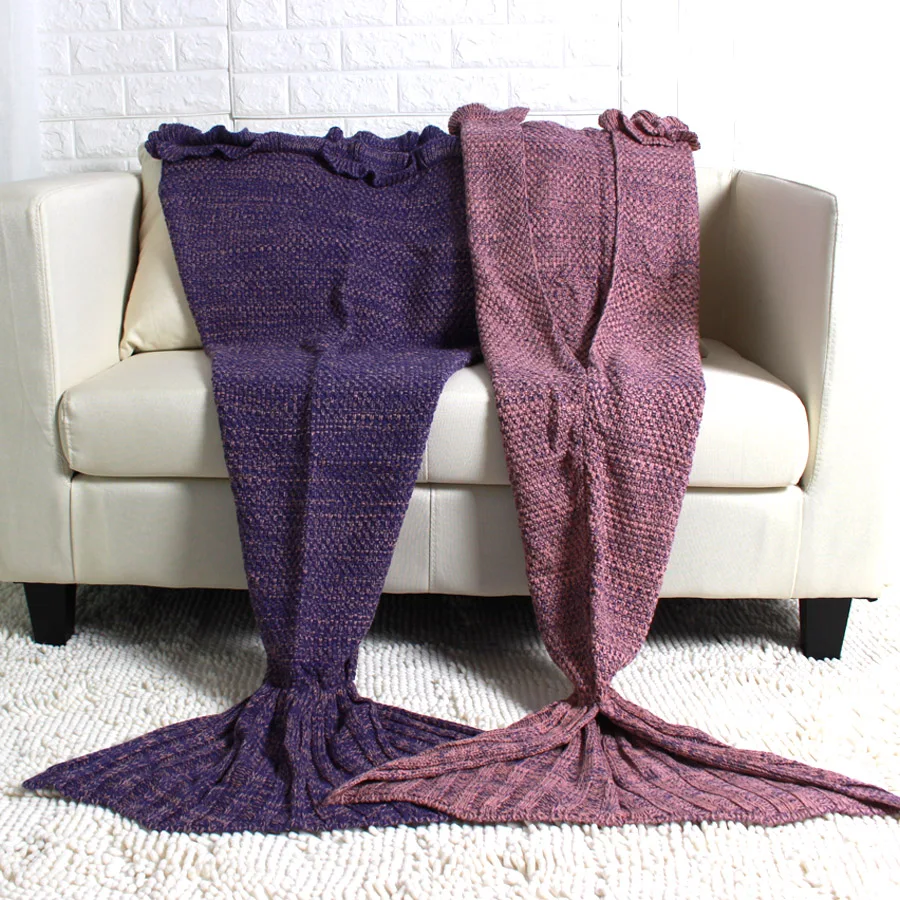 Детское вязаное одеяло с хвостом русалки сиреновое для дивана кровати теплый