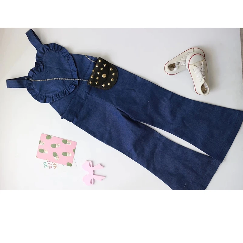 Kids Girls Denim Bell-bottom Overalls Trousers 2018 Children Toddlers Flares Flowers Pants Jean Overlls | Мать и ребенок