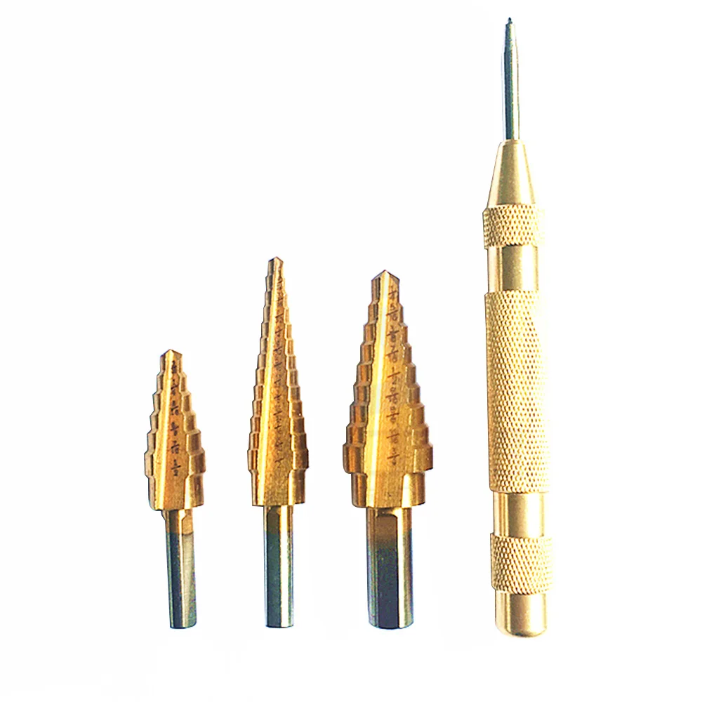 4 шт. HSS Титан конус шаг Бурильные долото комплект с Кернер ДЕРЕВООБРАБОТКА