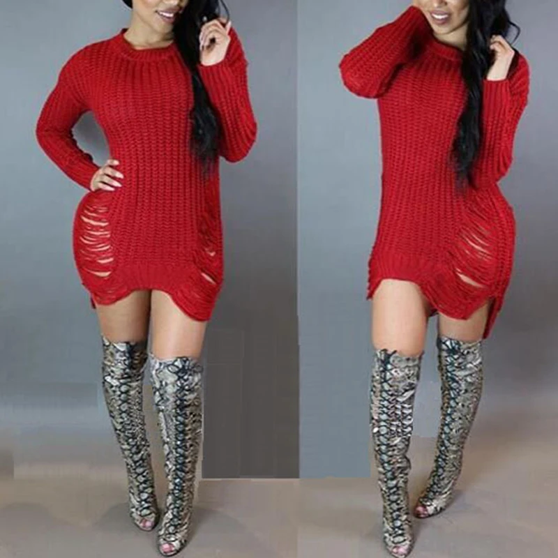 Женский трикотажный пуловер с дырками нестандартный свитер-платье большого