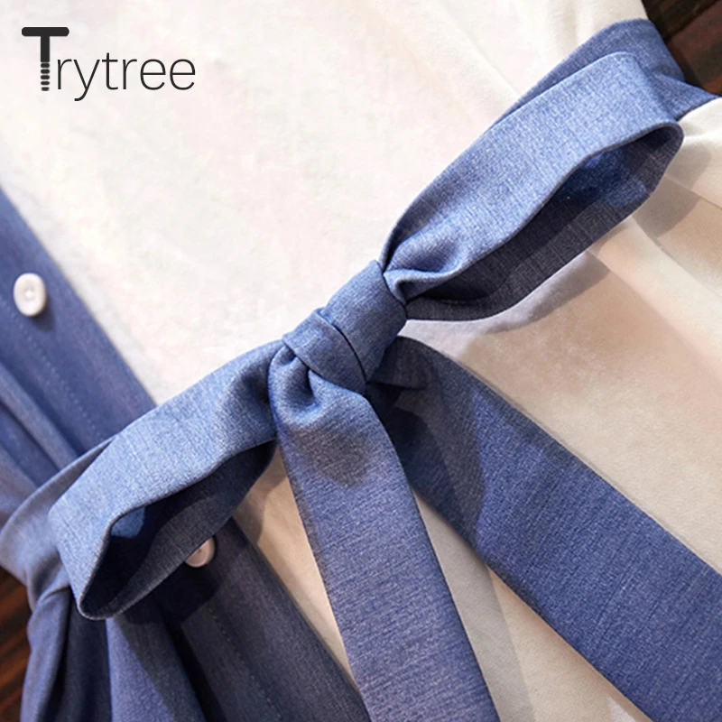 Trytree, летнее платье, женское, повседневное, ассиметричное, с круглым вырезом, хлопковая футболка, пэчворк, джинсовое платье, на пуговицах, с поясом, с вышивкой, с буквами, мини-платье