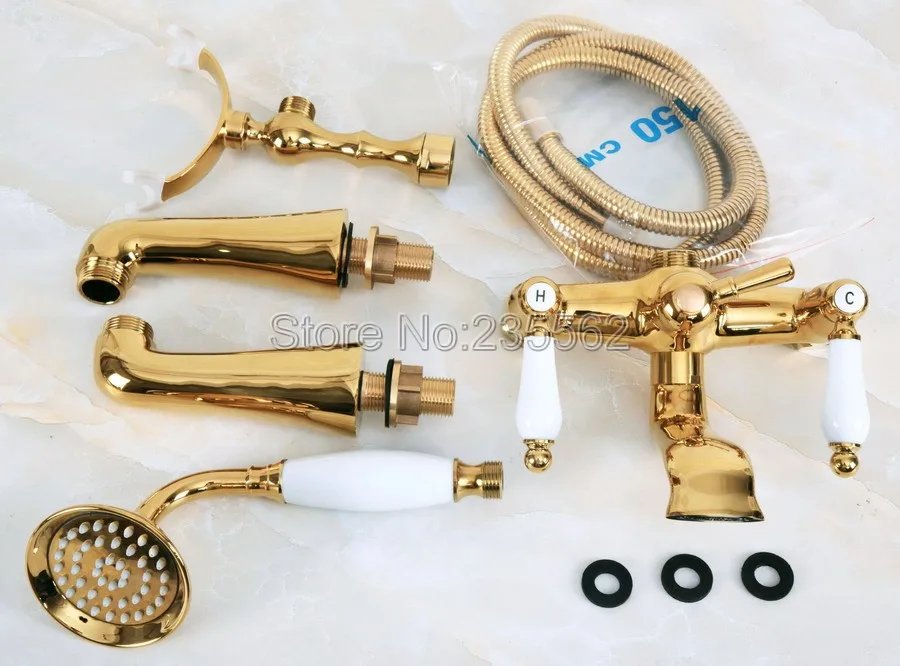 

Golden Brass Bathroom Deck Mounted Clawfoot Tub Faucet Hand Held Shower lna140