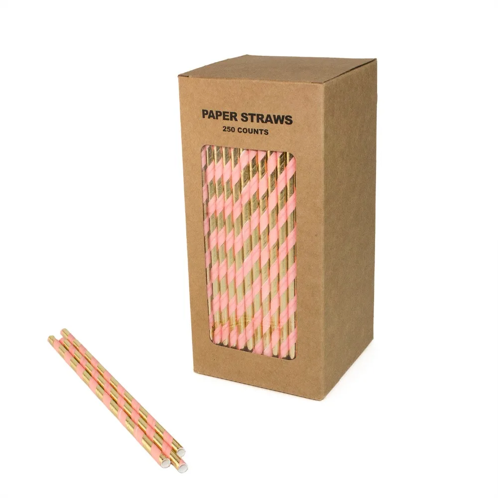 

Free Shipping 100% Biodegradable Paper Straws For Birthday Party, Foiled Gold Peach Stripe Paper Straws 250 Counts Box