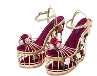 luxury women shoes high platform wedges sandals bird cage design slingbacks shoes gold rose gold flower bride shoes sandals