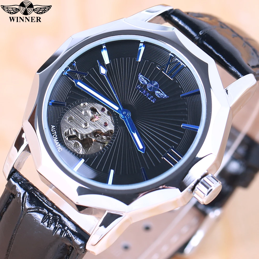 

Winner Blue Exotic Dodecagon Design Skeleton Dial Men Watch Geometry Automatic Fashion Mechanical Watch Top Brand Luxury + BOX