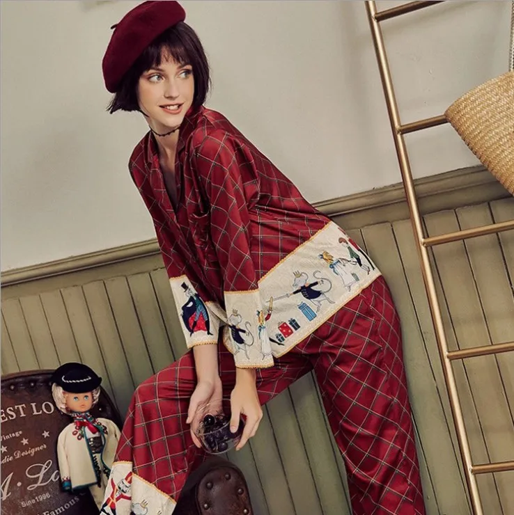 2019 New Spring and Autumn Women Lapel Long Sleeve Plaid Printed Pajamas Home Clothes Female Silk Satin Sleepwear Night Wear | Женская