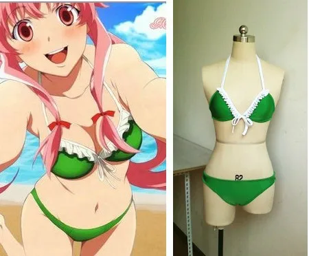 Дневник будущего Mirai Nikki Heroine Gasai Yuno Аниме Бикини для косплея зеленый купальник на