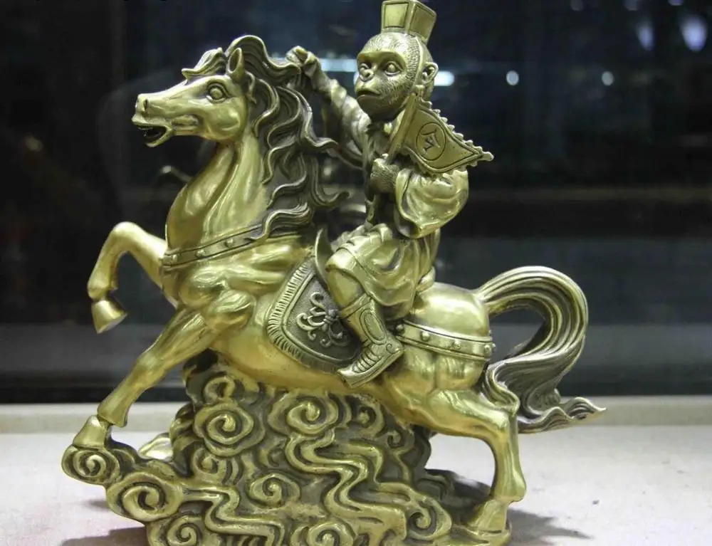 

Chinese FengShui Brass Copper Sun Wukong Monkey King Ride Horse Animal Statue