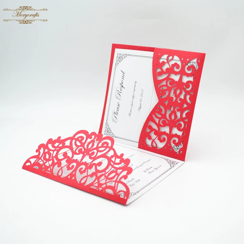 

50pieces red navy blue pink laser cut pocket fold invitations card for wedding