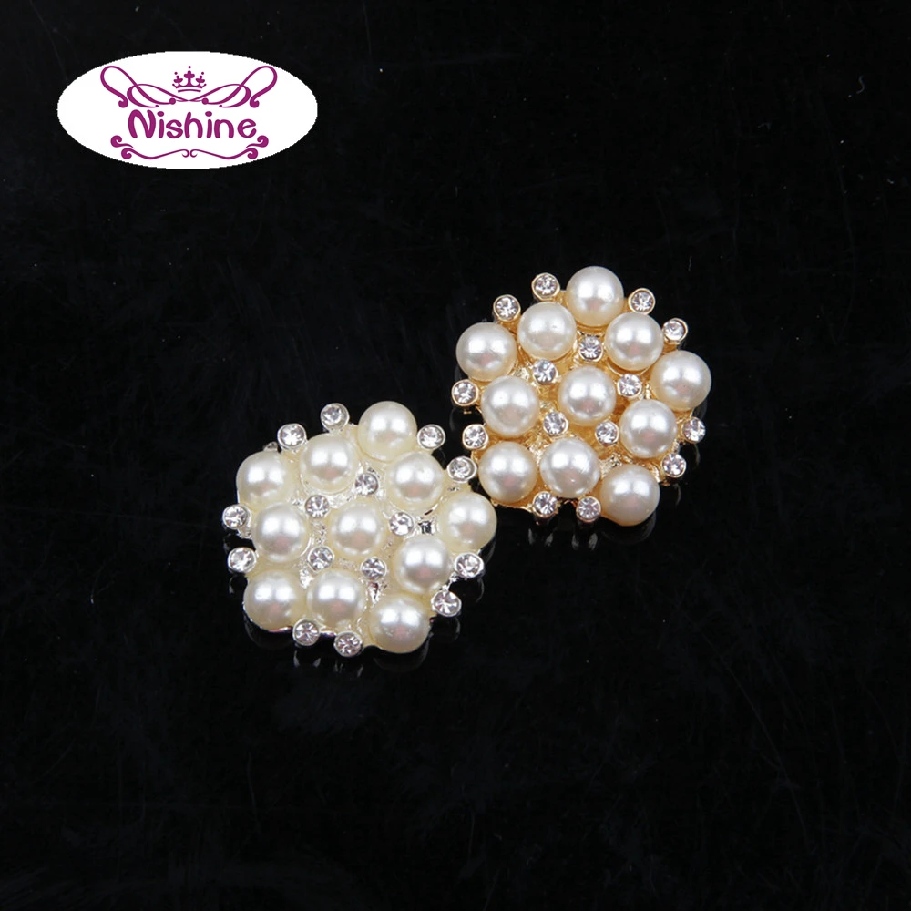 Nishine Flat Back Alloy Faux Pearl Button Gold Silver Rhinestone Jewel Wedding Bridals Prom Embellishment Hair Accessory |
