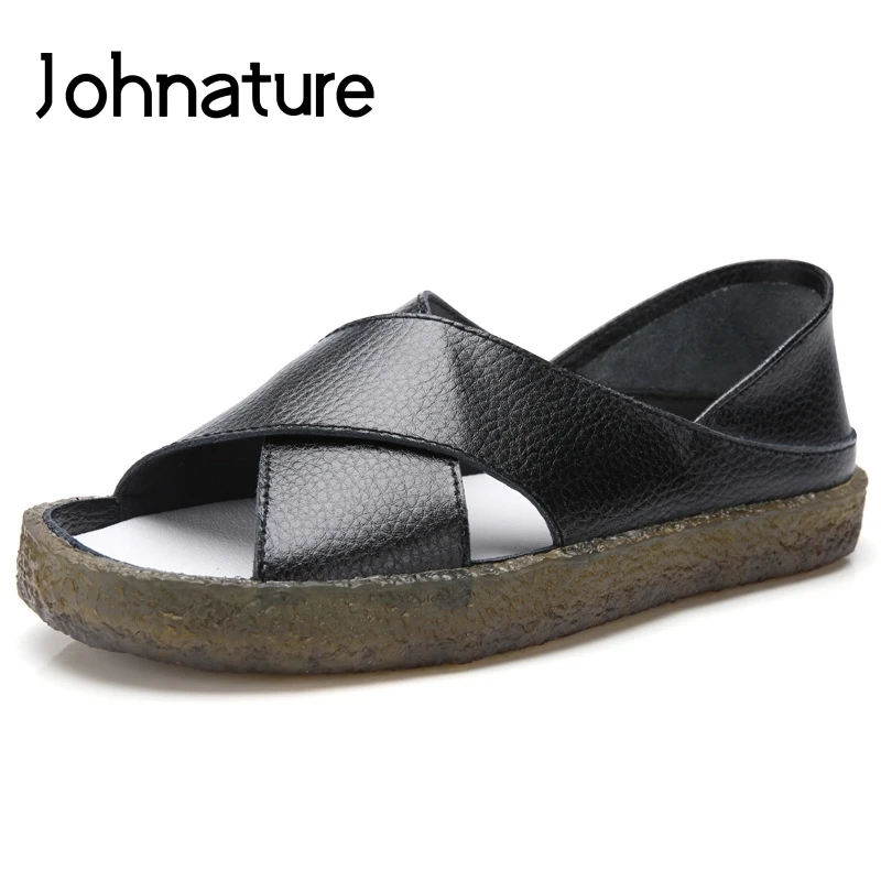 

Женские босоножки без шнуровки Johnature, дышащие босоножки из натуральной кожи с открытым носком и прострочкой, обувь на плоской подошве для ле...