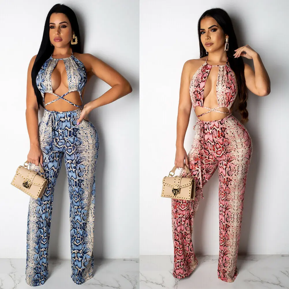 

HOT Women Sexy Snake Print Bandage Open Back Evening Party Cocktail Bodycon Romper Bodycon Crop Top Long Pants 2Pcs Set