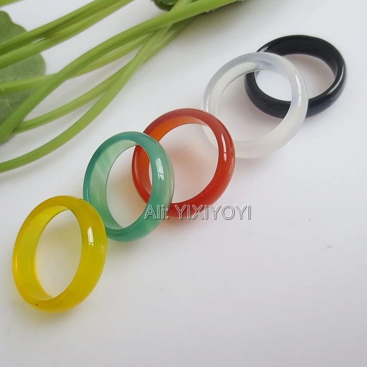 

6pcs Beautiful 6mm Wide Natural Red Green Yellow White Agate Jade Ring Woman Man's Lucky Rings 7-9# Charm Jewelry Gift