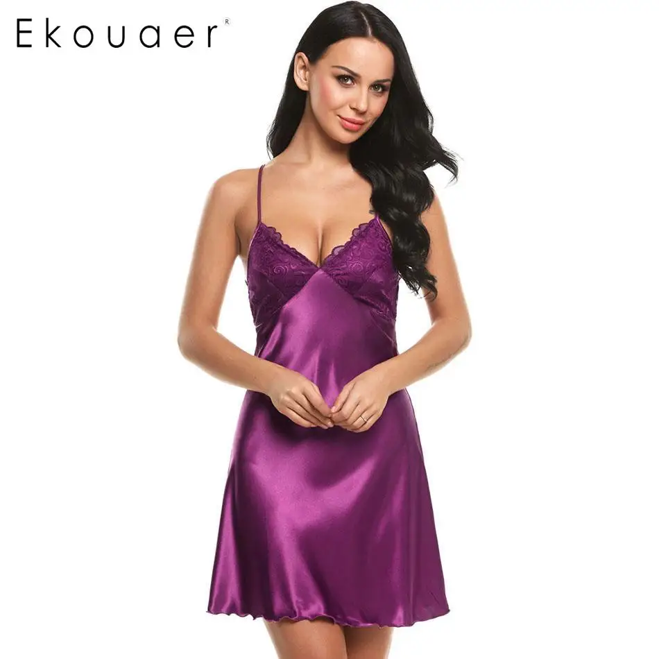 Ekouaer женское белье ночная рубашка без рукавов Сексуальная кружевная Лоскутная с