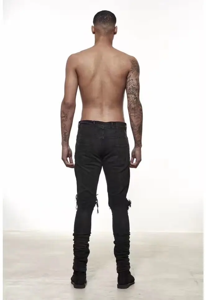 big hole high quality kanye west brand style zipper split mens hiphop biker ripped destroyed jeans slim fit skinny pants denim | Мужская