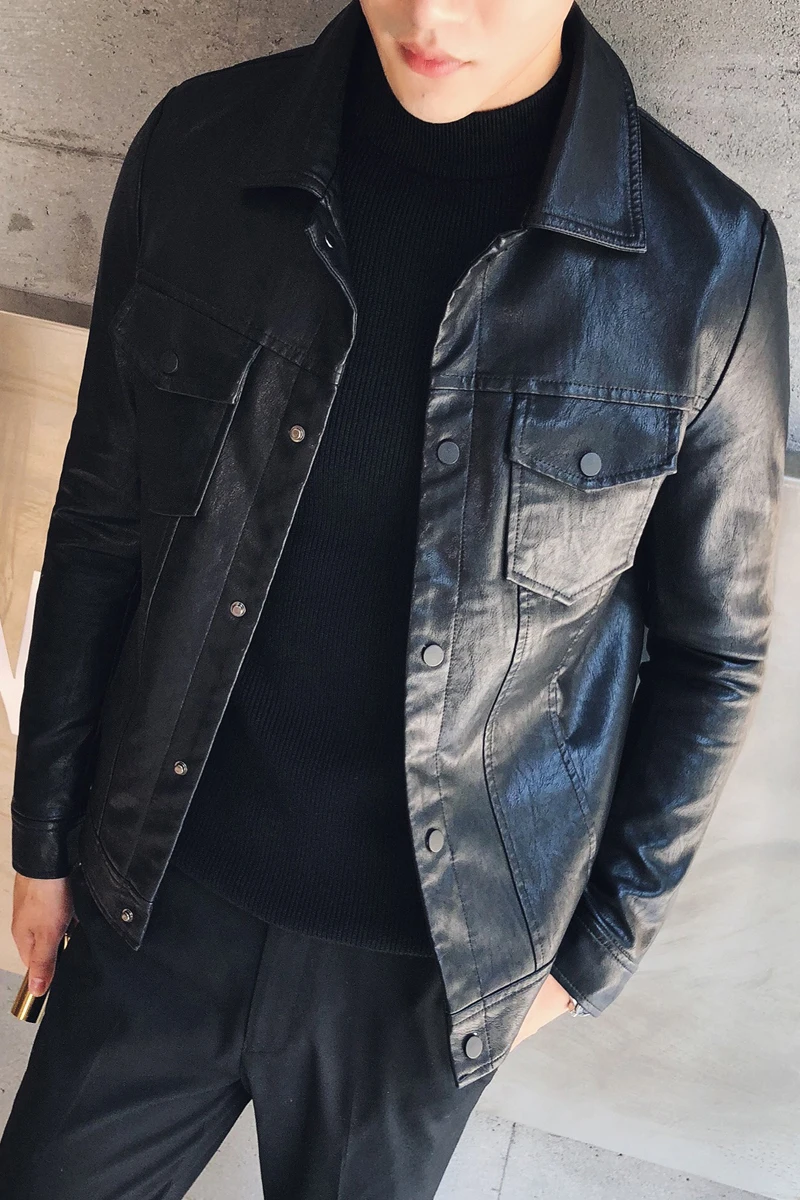 Осень зима 2018 новинка британский тренд Мужская мотоциклетная кожаная куртка с