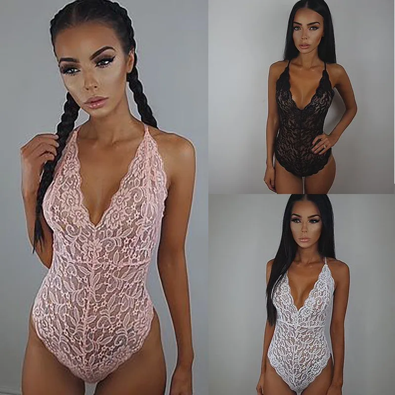 

Summer Solid Skinny Sexy Lace Bodysuits Women 2020 Deep V Backless Embroidery Bodysuit Flower