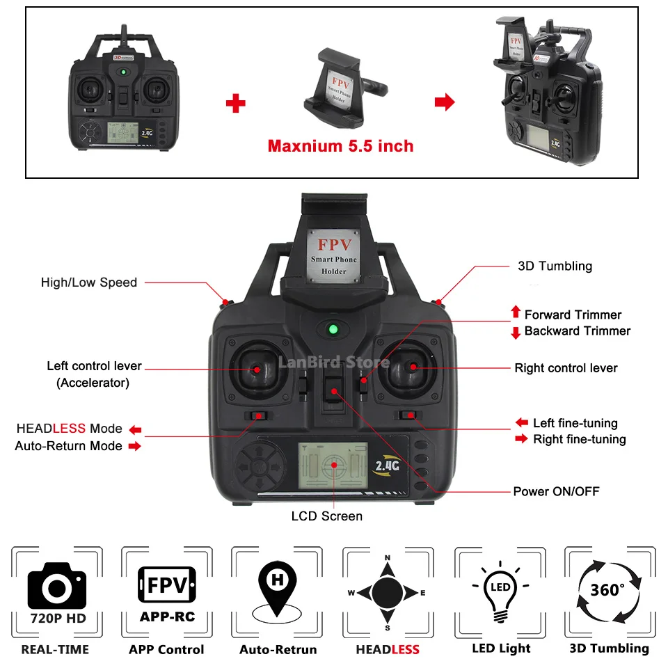 Lanbird x5c WI FI FPV системы Drone с Камера HD Дистанционное управление Quadcopter