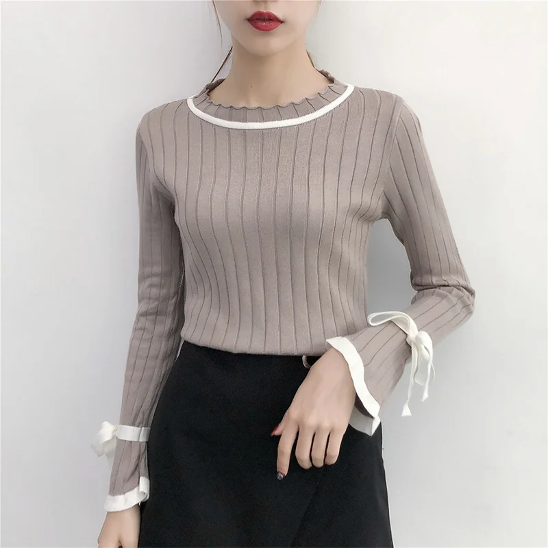 Трикотаж женский Осень Зима 2018 Новый трубчатый рукав бант круглый вырез тонкий