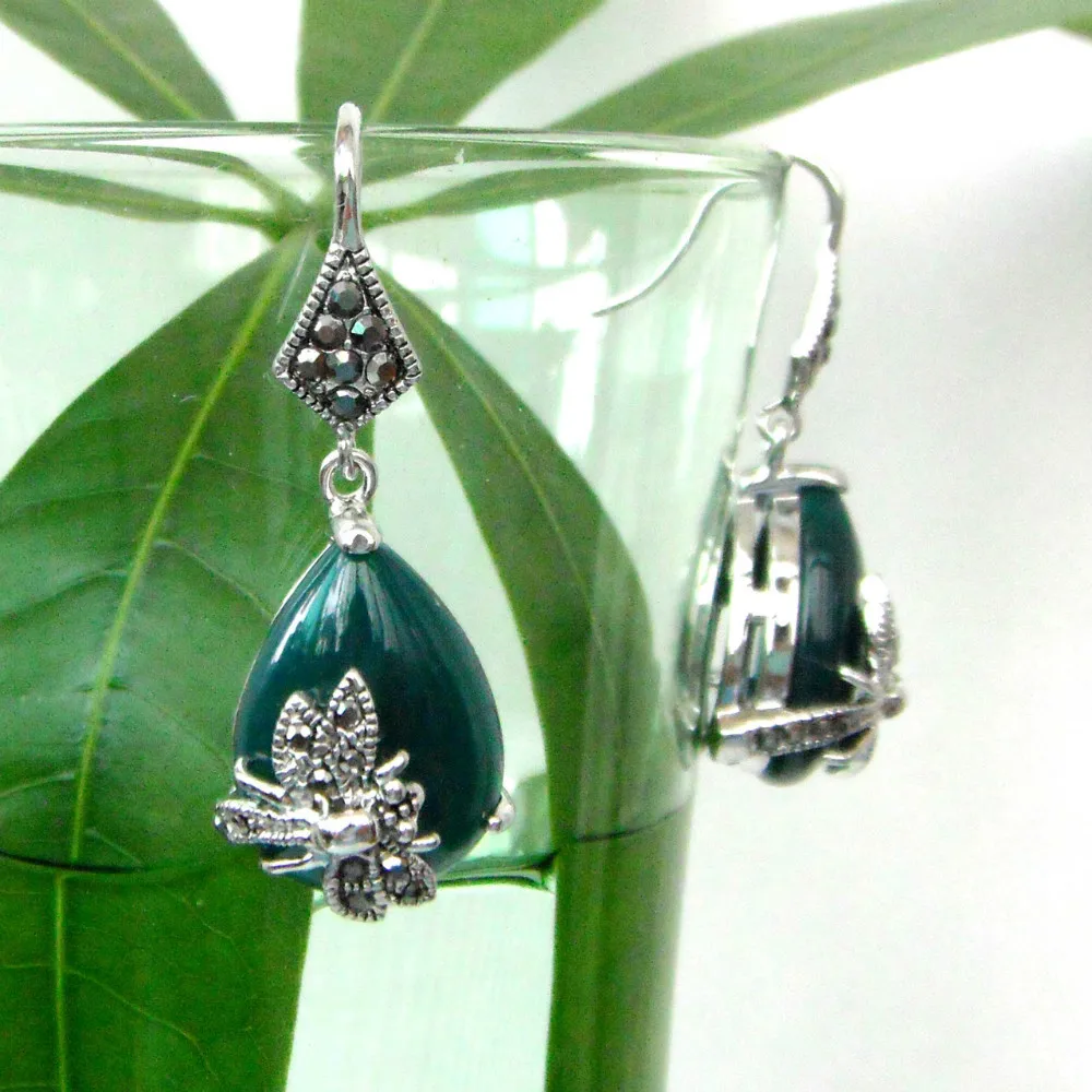 Винтажные серьги в виде стрекозы Navachi из тибетского серебра с зеленым опалом и