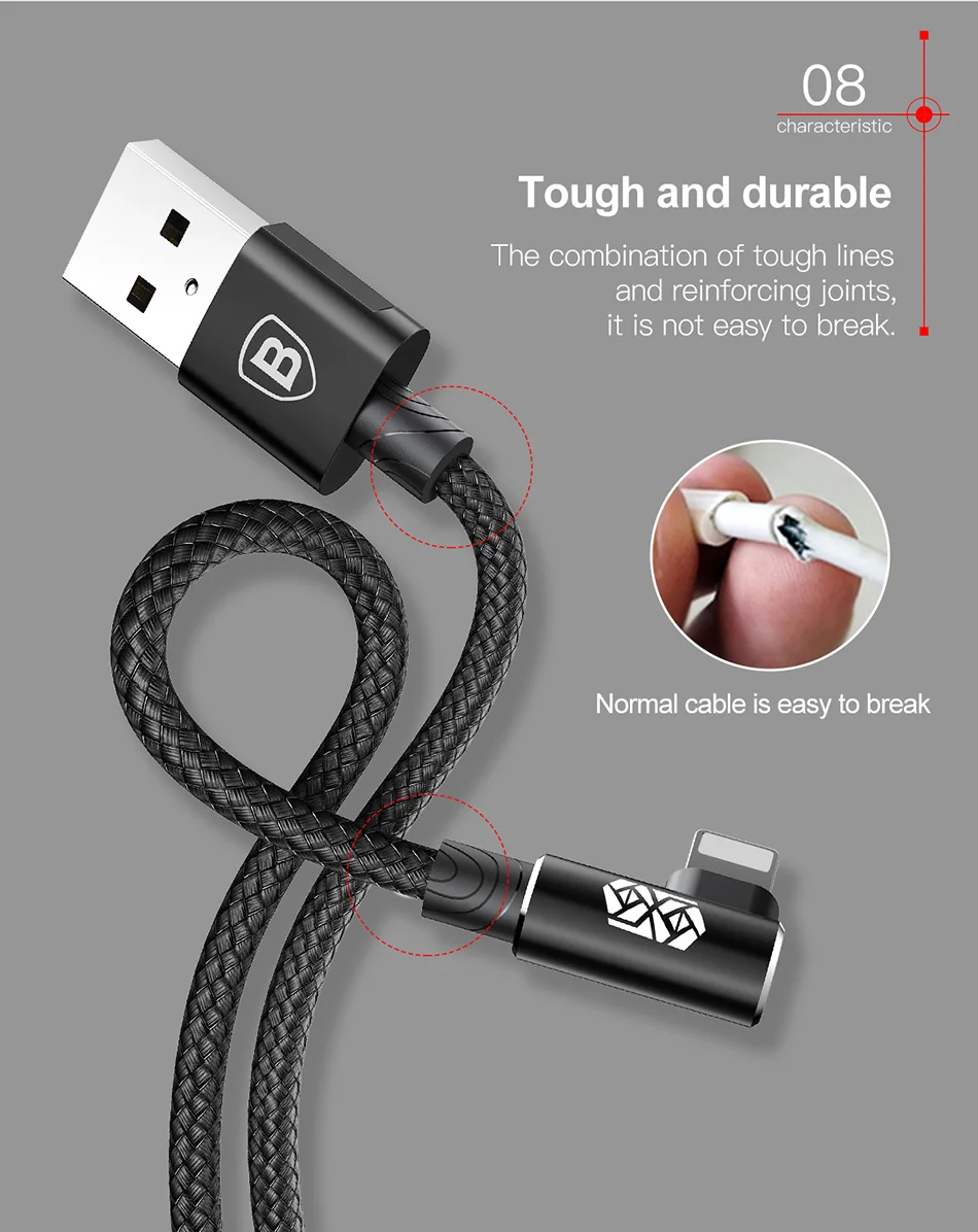 Baseus 90 градусов USB кабель для Iphone 5 6 6S 7 8 Быстрая зарядка кабель для iPad USB зарядное устройство кабель L Тип кабель для передачи данных для мобильного телефона