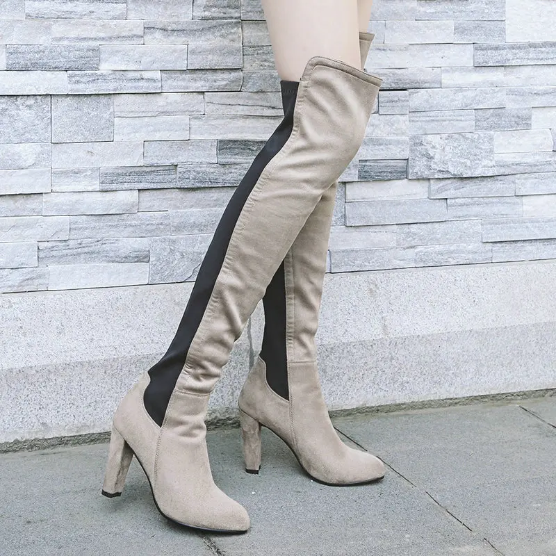 light khaki Эластичные женские сапоги из флока, лоскутные Сапоги выше колена, сапоги до бедра на высоком квадратном каблуке, осенне-зимние высокие сапоги без шнуровки - Цвет: light khaki
