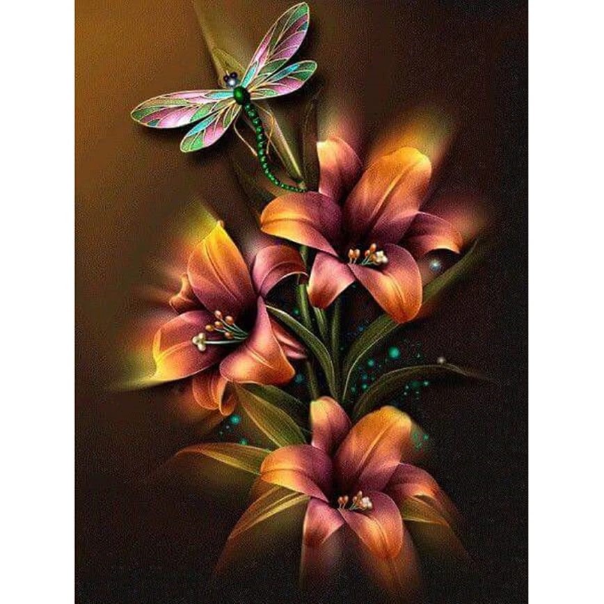 floral dragonfly diamond painting cross stitch embroidery full square diamonds mosaic pictures of rhinestones ZC621 | Дом и сад