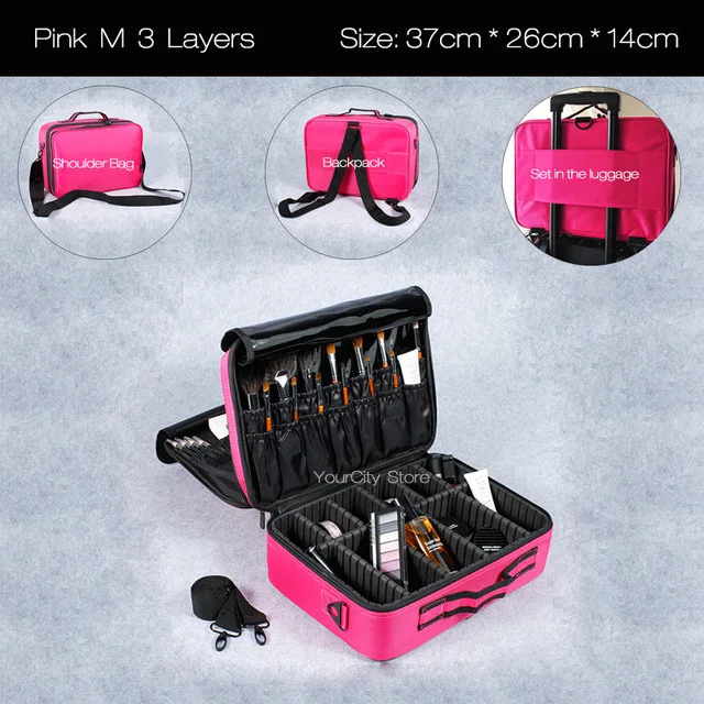 Pink M 3 Layers Сумка для макияжа, коробка для макияжа, многослойная косметичка, водонепроницаемый, Оксфорд, профессиональный косметический Чехол, органайзер для макияжа, дорожные сумки для мытья - Цвет: Pink M 3 Layers