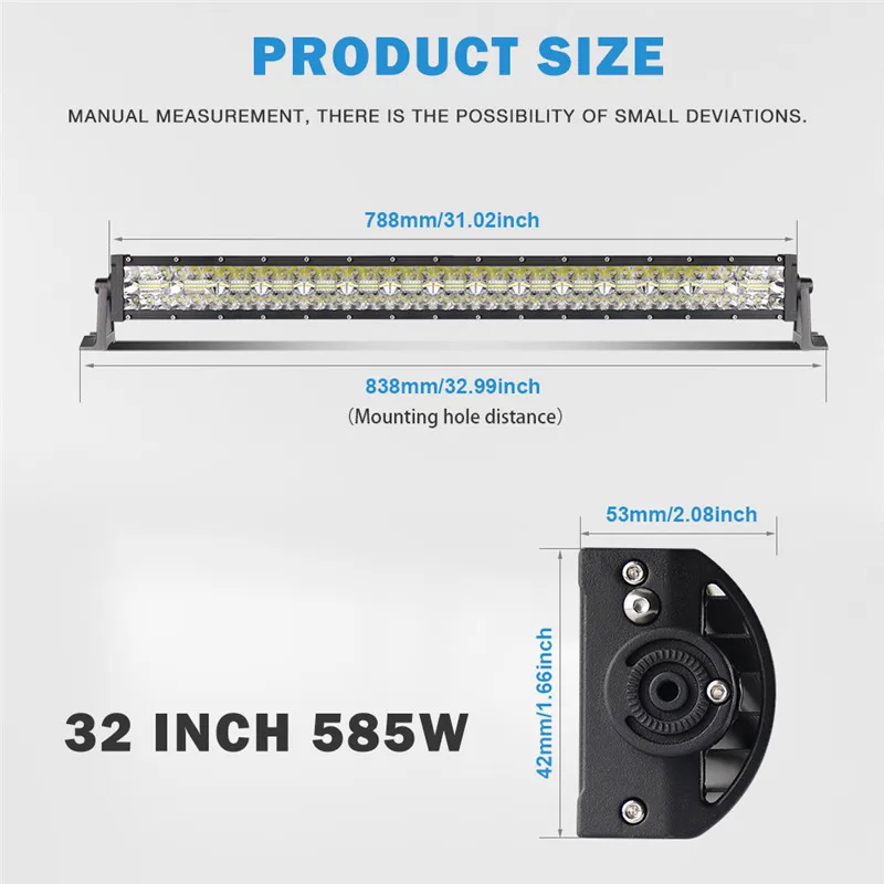 32 inch 585W CO светильник 7D 390 Вт 585 780 Вт 3 ряда светодиодный светильник бар 2" диаметр 32*42* комбинированного луча внедорожный светодиодный рабочий светильник для Jeep Грузовик ATV внедорожник 4x4 12V 24V - Цвет: 32 inch 585W