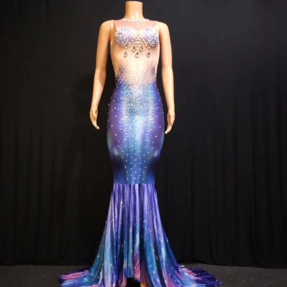 

Jazz Dance Costumes For Lady Women Bar Dj Club Dancers Stage Diamond Wrapped Buttock Mermaid Tail Long Elastic Dress DJ1032