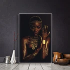 Черная и Золотая Обнаженная Африканская женщина с ожерельем, Картина на холсте, постеры и принт, скандинавский настенный Арт-Рисунок для гостиной
