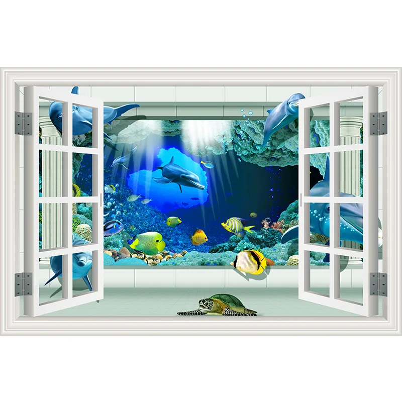 Underwater Fish Dolphin 3d Vivid Window Wall Stickers DIY decals Bathroom Living Room Bedroom Home Decoration Poster | Дом и сад