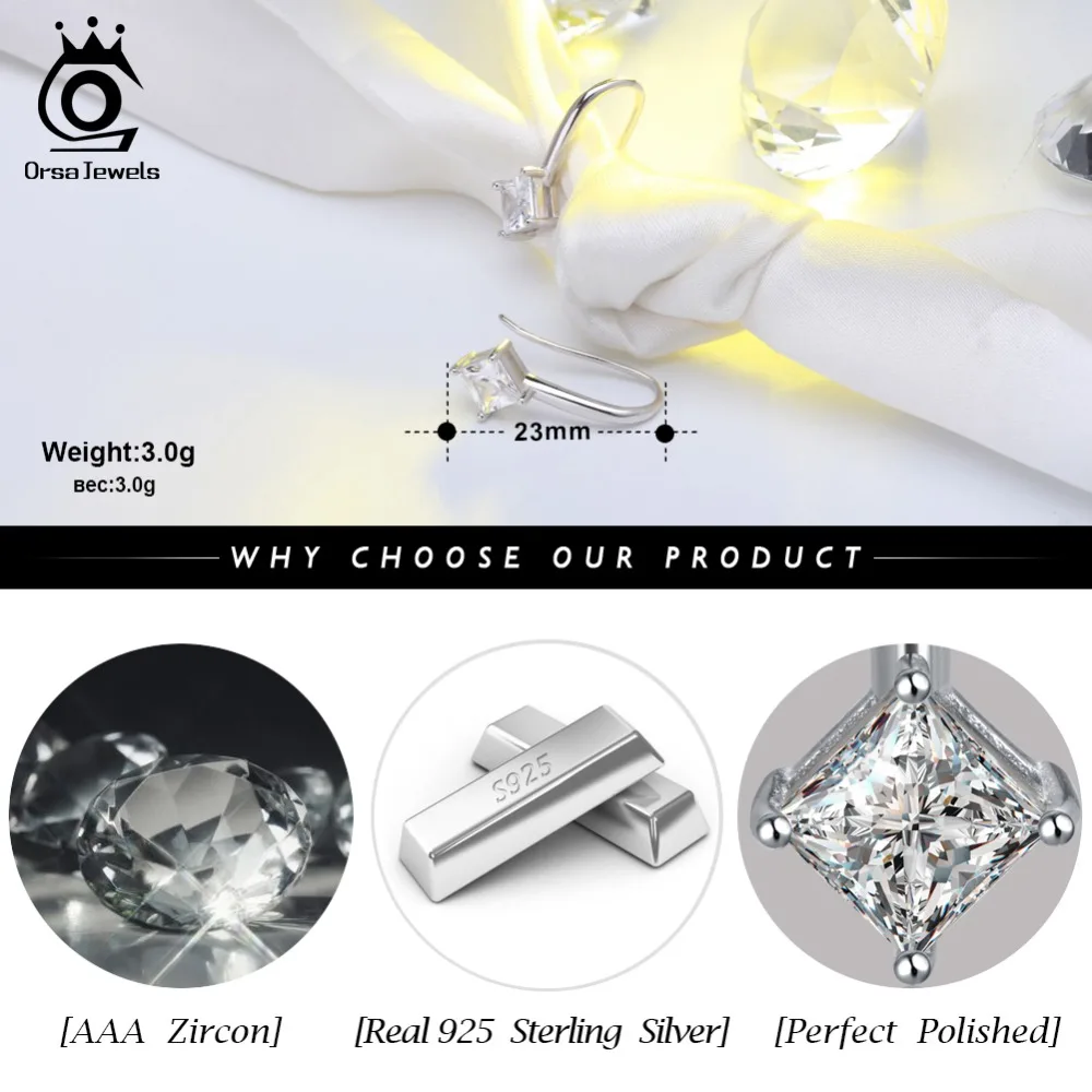 ORSA JEWELS 925 Стерлинговое Серебро Висячие серьги для женщин с прозрачным AAA