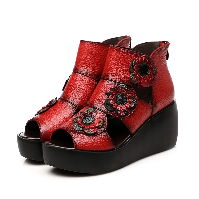 Женские босоножки из натуральной кожи на платформе и высоком каблуке танкетке